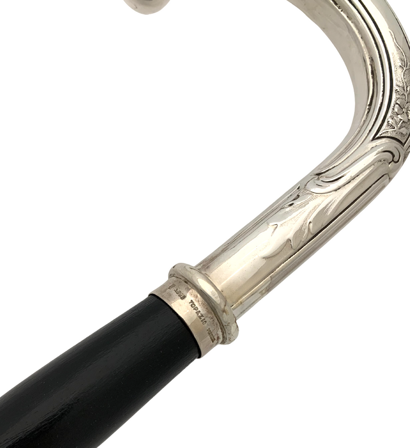 TOPAZIO 925 STERLING SILVER & WOOD HANDMADE CHASED ORNATE SLEEK WALKING CANE