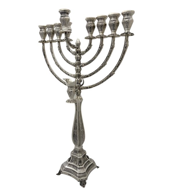 LARGE 925 STERLING SILVER HANDMADE CHASED LEAF APPLIQUE MATTE & SHINY MENORAH