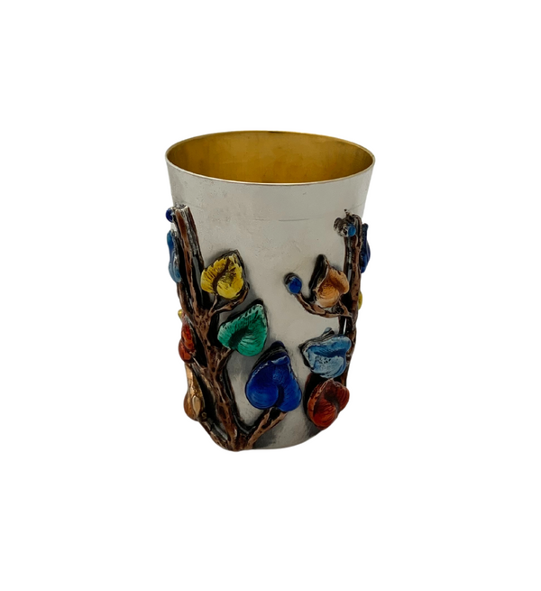 ITALY 925 STERLING SILVER & COLOR ENAMEL HANDMADE 3D LEAF APPLIQUE CUP & TRAY