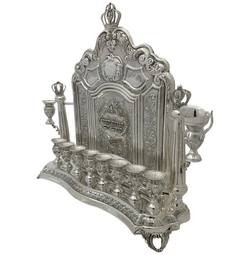 925 STERLING SILVER HANDMADE CHASED SWIRL HEBREW ENGRAVED CROWN BACKWALL MENORAH