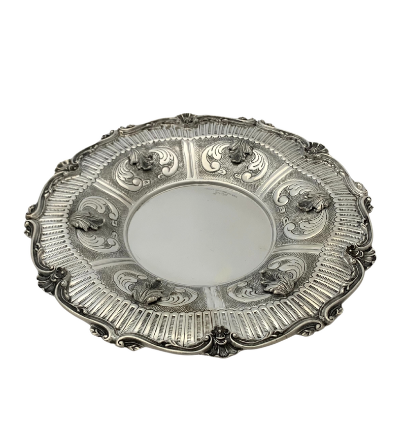 925 STERLING SILVER HANDMADE SWIRL LEAF APPLIQUE ORNATE MATTE SHINY ROUND TRAY