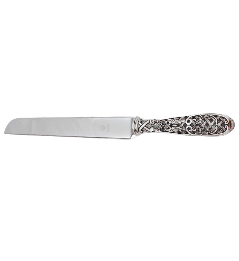 ITALIAN 925 STERLING SILVER HANDMADE ORNATE CHASED SWIRL CUT OUT BREAD KNIFE