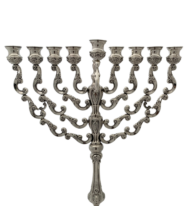 FINE 925 STERLING SILVER HANDMADE FLORAL ROSE SHELL ORNATE HANUKAH MENORAH