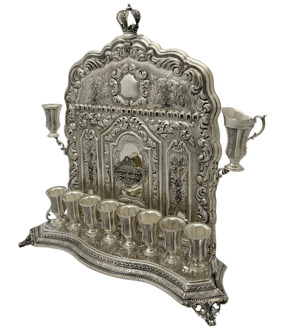 FINE 925 STERLING SILVER HANDMADE CHASED SWIRL LEAF CROWN BACKWALL MENORAH