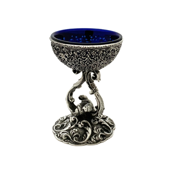 ITALY 925 STERLING SILVER & BLUE GLASS HANDMADE BAROCCO LACE ORNATE SALT HOLDER