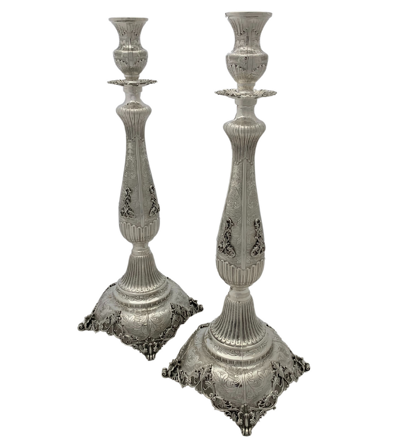 925 STERLING SILVER HANDMADE LEAF APPLIQUE ORNATE STRIATED SHINY CANDLESTICKS