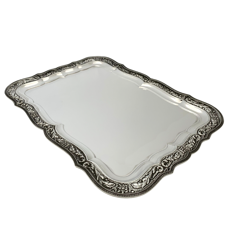 FINE ITALIAN 925 STERLING SILVER HANDMADE INTRICATE BORDER MATTE & SHINY TRAY