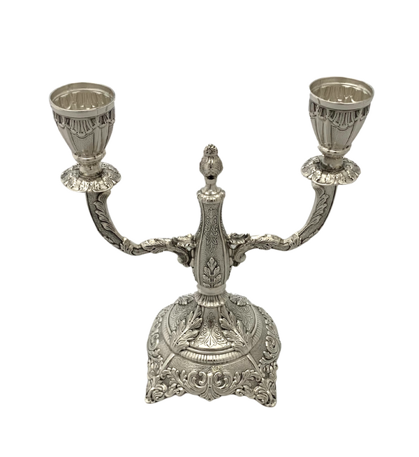 FINE 925 STERLING SILVER HANDMADE LEAF APPLIQUE CHASED ORNATE 2 LIGHT CANDELABRA