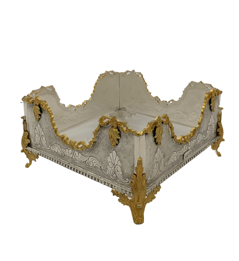 925 STERLING SILVER & GILDED HANDMADE LEAF APPLIQUE CHASED FLAT NAPKIN HOLDER