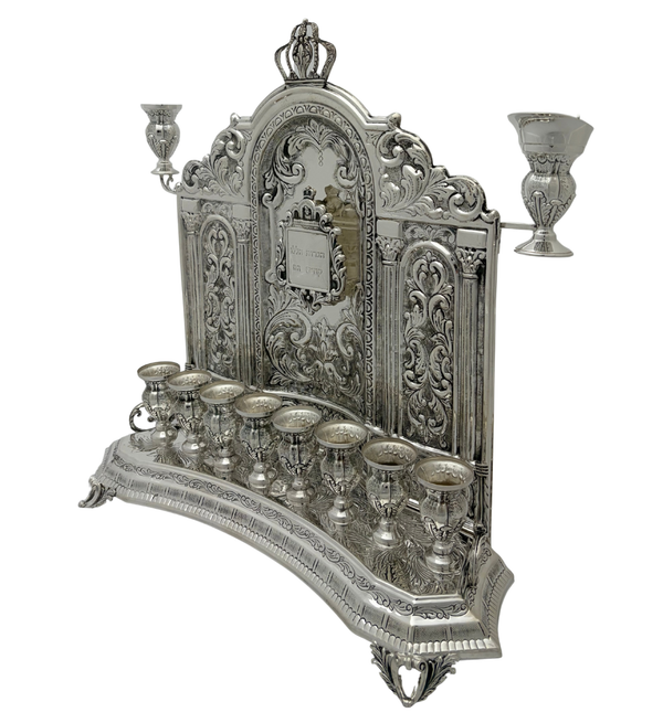 FINE 925 STERLING SILVER HANDMADE CHASED SWIRL LEAF CROWN BACKWALL MENORAH