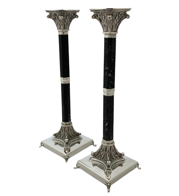 TALL ITALIAN 925 STERLING SILVER & STONE HANDMADE FLORAL COLUMN CANDLESTICKS