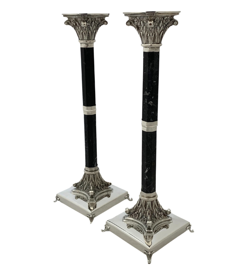 TALL ITALIAN 925 STERLING SILVER & STONE HANDMADE FLORAL COLUMN CANDLESTICKS
