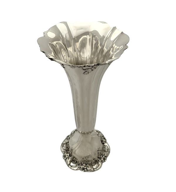 ANTIQUE AMERICAN 925 STERLING SILVER HANDMADE TALL FLORAL LEAF FLOWER VASE