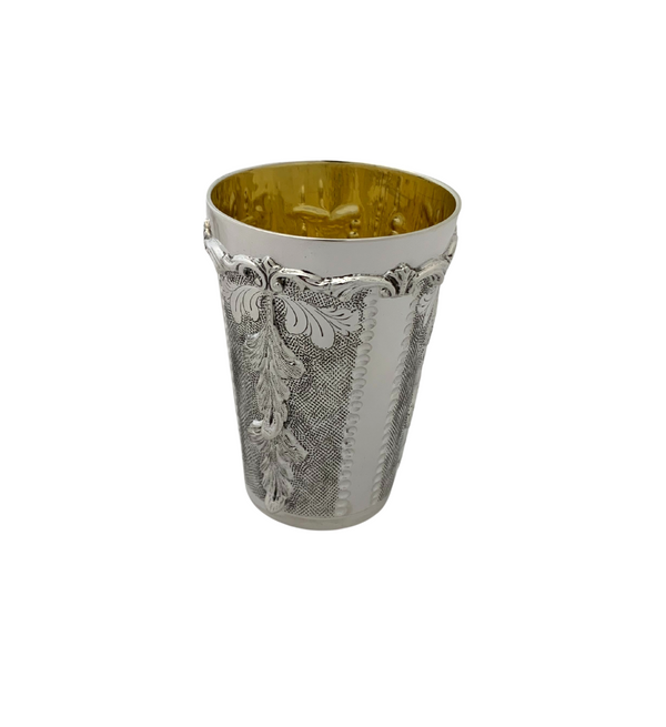 925 STERLING SILVER HANDMADE LEAF APPLIQUE CHASED ORNATE MATTE SHINY CUP & TRAY