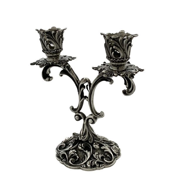 FINE ITALIAN 925 STERLING SILVER HANDMADE LEAF APPLIQUE OIL 2 LIGHT CANDELABRA