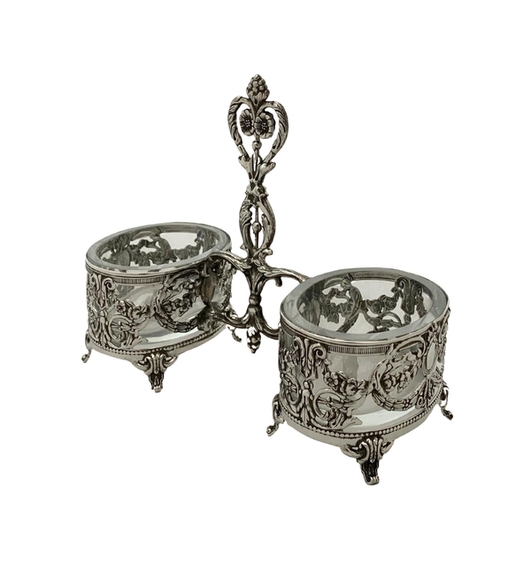 TOPAZIO 925 STERLING SILVER HANDMADE FLORAL ORNATE APPLIQUE DOUBLE SALT HOLDER