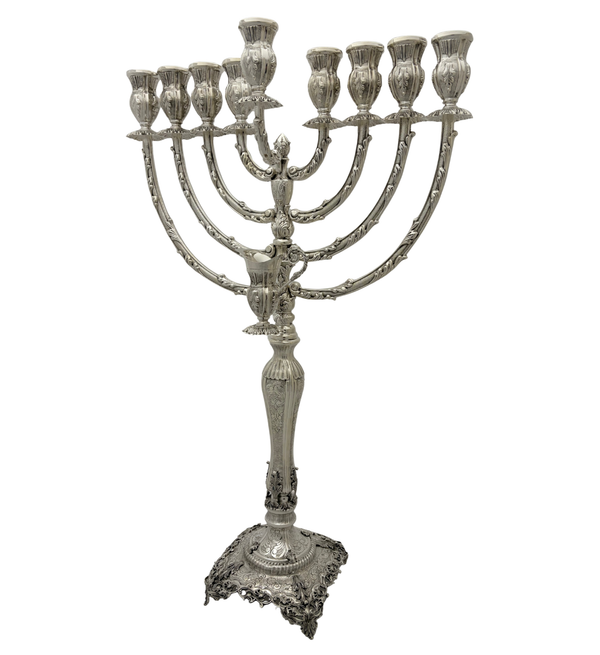 FINE 925 STERLING SILVER HANDMADE LEAF APPLIQUE CHASED STRIATED CHANUKAH MENORAH