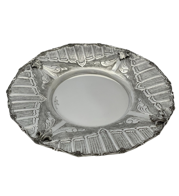 925 STERLING SILVER HANDMADE CHASED LEAF APPLIQUE MATTE SHINY ROUND PLATE TRAY