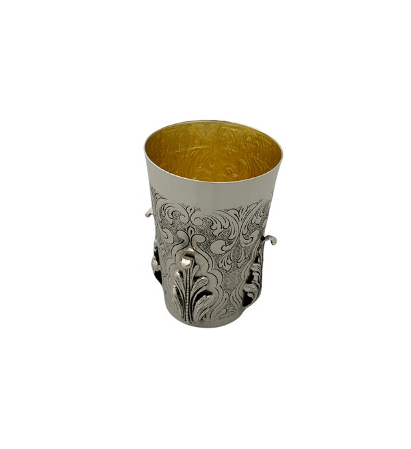 FINE 925 STERLING SILVER HANDMADE LEAF APPIQUE CHASED SWIRL ORNATE CUP & TRAY