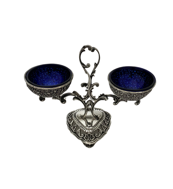 ITALY 925 STERLING SILVER & BLUE GLASS HANDMADE LACE ORNATE DOUBLE SALT HOLDER