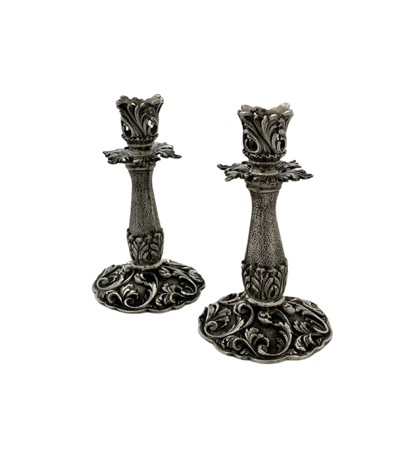 FINE ITALIAN 925 STERLING SILVER HANDMADE LEAF ORNATE MATTE ROUND CANDLESTICKS