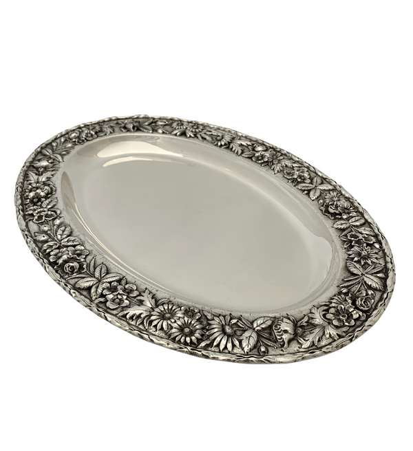 ANTIQUE S. KIRK & SON CO 925 STERLING SILVER HANDMADE REPOUSSE FLORAL OVAL TRAY