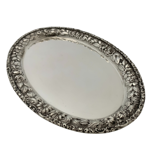 ANTIQUE STIEFF 925 STERLING SILVER HANDMADE FLORAL ORNATE SHINY SLEEK OVAL TRAY
