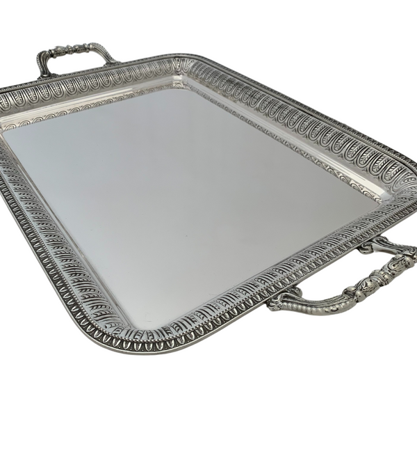 ITALY 925 STERLING SILVER HANDMADE ELEEGANT RECTANGLE SERVING TRAY WITH HANDLES