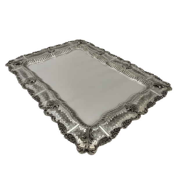 925 STERLING SILVER HANDMADE CHASED LEAF APPLIQUE MATTE & SHINY RECTANGLE TRAY