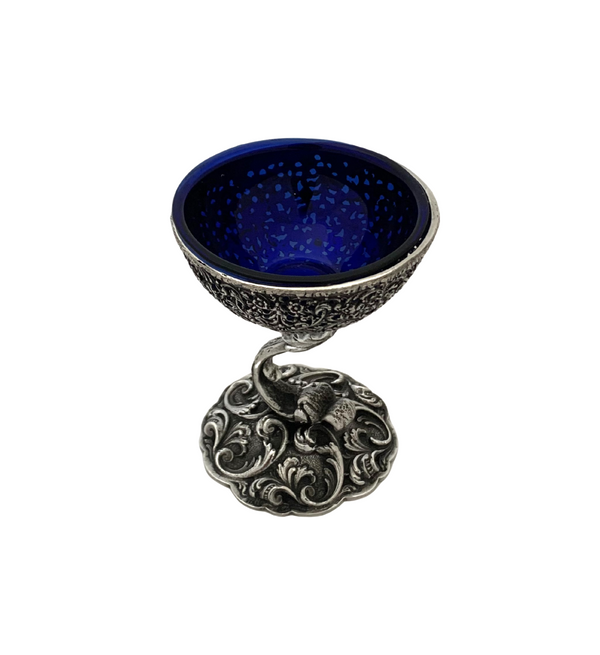 ITALY 925 STERLING SILVER & BLUE GLASS HANDMADE BAROCCO LACE ORNATE SALT HOLDER