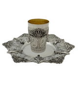 925 STERLING SILVER HANDMADE LEAF ORNATE CHASED SWIRL MATTE SHINY CUP & TRAY