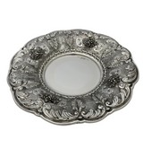 925 STERLING SILVER HANDMADE FLORAL LEAF APPLIQUE ORNATE SWIRL ROUND PLATE TRAY