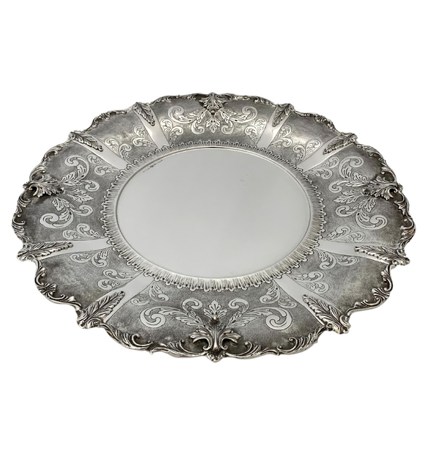 FINE 925 STERLING SILVER HANDMADE CHASED LEAF APPLIQUE MATTE & SHINY ROUND TRAY