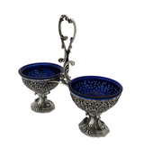 ITALY 925 STERLING SILVER & BLUE CRYSTAL HANDMADE FLORAL LACE DOUBLE SALT HOLDER