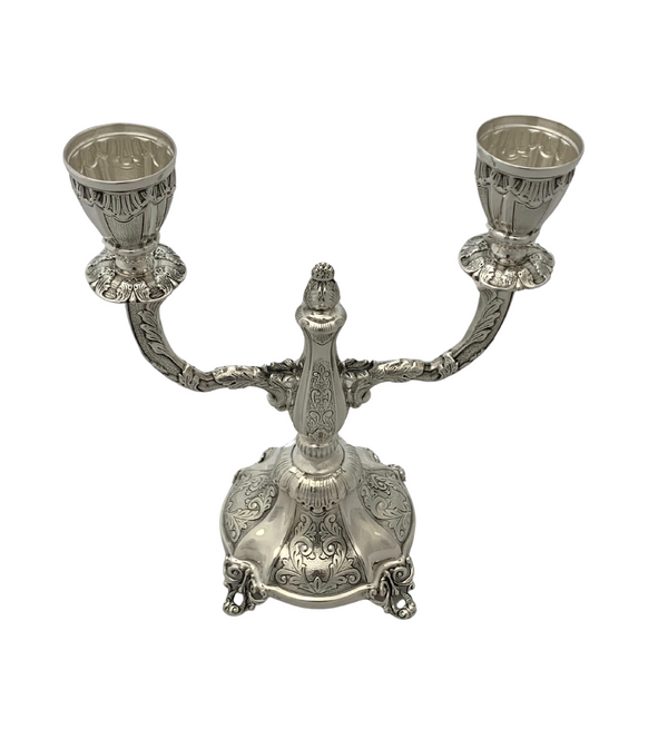 FINE 925 STERLING SILVER HANDMADE LEAF CHASED SWIRL ORNATE 2 LIGHT CANDELABRA