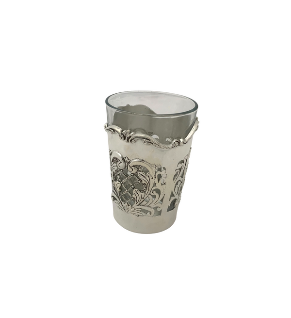 FINE 925 STERLING SILVER & GLASS INSERT HANDMADE CHASED FLUTED ORNATE CUP & TRAY