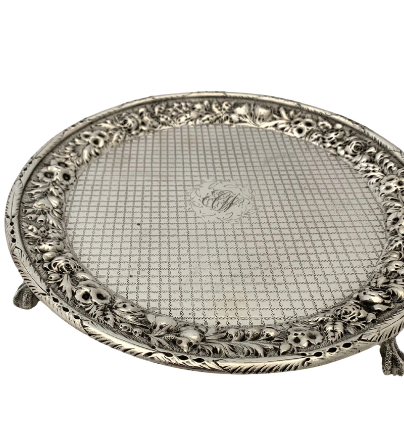 ANTIQUE WARNER COIN SILVER HANDMADE REPOUSSE MONOGRAMMED ROUND TRAY