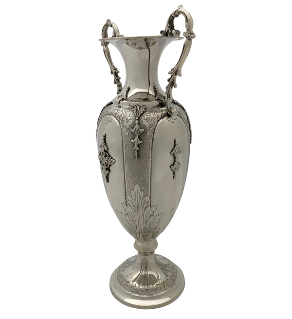 OLD ITALIAN 800 SILVER HANDMADE LEAF APPLIQUE CHASED MATTE & SHINY FLOWER VASE