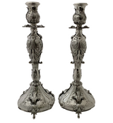 FINE ITALY 925 STERLING SILVER HANDMADE CHASED LEAF APPLIQUE CANDLESTICKS & TRAY