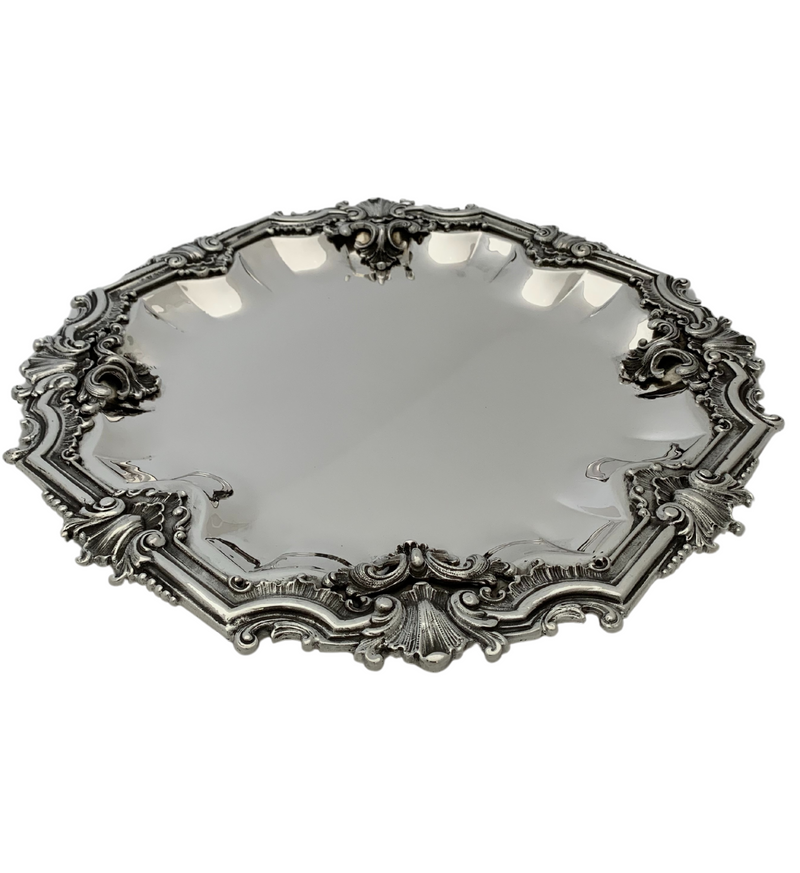 FINE ITALIAN 925 STERLING SILVER HANDMADE LEAF APPLIQUE ORNATE SHELL SQUARE TRAY