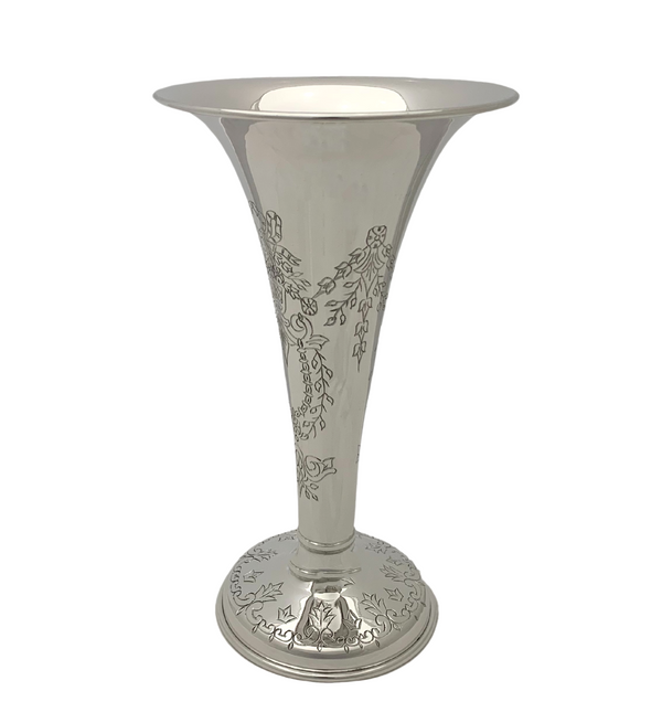 FINE 925 STERLING SILVER HANDMADE ETCHED FLORAL ORNATE SHINY SLEEK FLOWER VASE