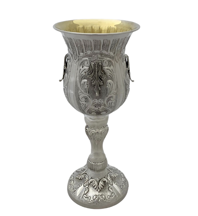 LARGE 925 STERLING SILVER HANDMADE LEAF APPLIQUE CHASED MATTE SHINY ELIYAHU CUP