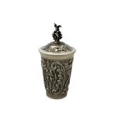 ITALY 925 STERLING SILVER HANDMADE LEAF ORNATE MATTE & SHINY CUP & TRAY & COVER