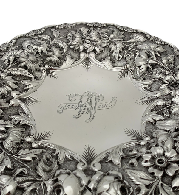 ANTIQUE STIEFF 925 STERLING SILVER HANDMADE FLORAL REPOUSSE MONOGRAMMED DISH