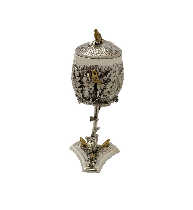 925 STERLING SILVER & GILDED HANDMADE MULTI BIRD LEAF APPLIQUE VIZNIZ CUP & TRAY