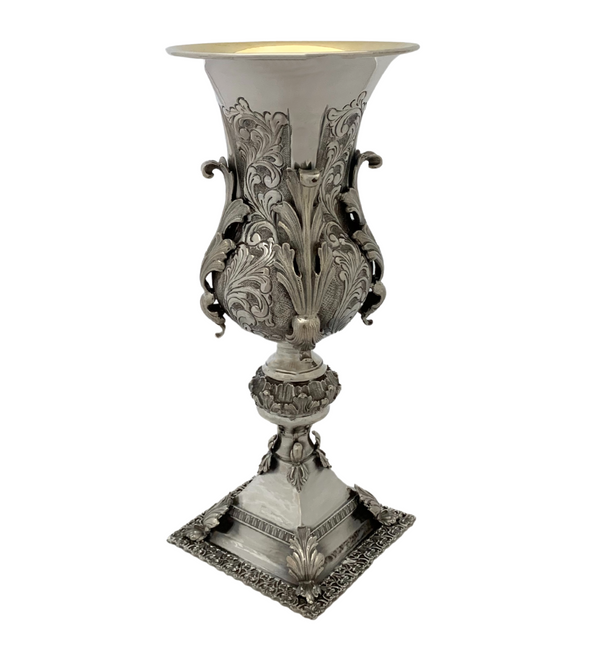 ITALIAN 925 STERLING SILVER HANDMADE LEAF APPLIQUE FLUTED ELIYAHU CUP & TRAY