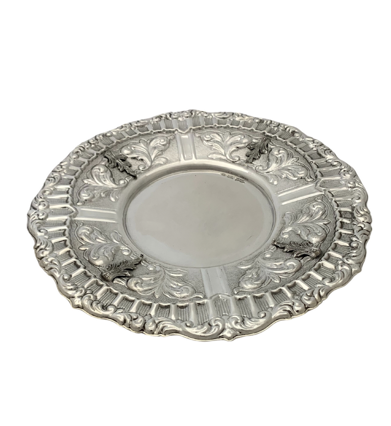 925 STERLING SILVER HANDMADE CHASED SWIRL LEAF APPLIQUE MATTE SHINY ROUND TRAY