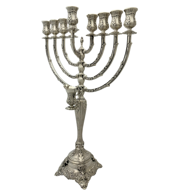 FINE 925 STERLING SILVER HANDMADE LEAF APPLIQUE CHASED SWIRL CHANUKAH MENORAH