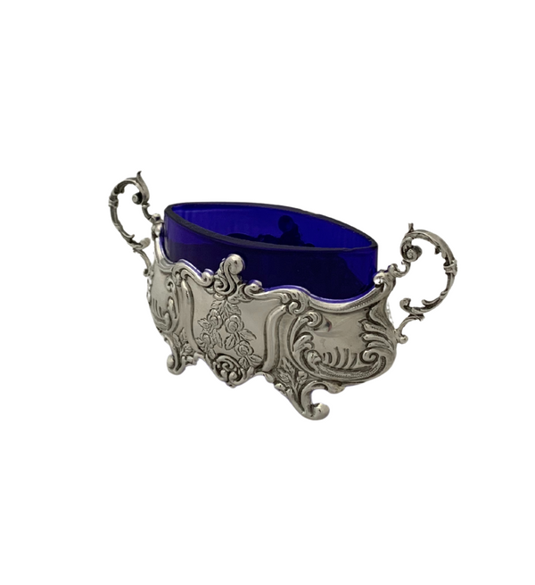 925 STERLING SILVER & BLUE GLASS HANDMADE ORNATE CHASED OVAL SINGLE SALT HOLDER