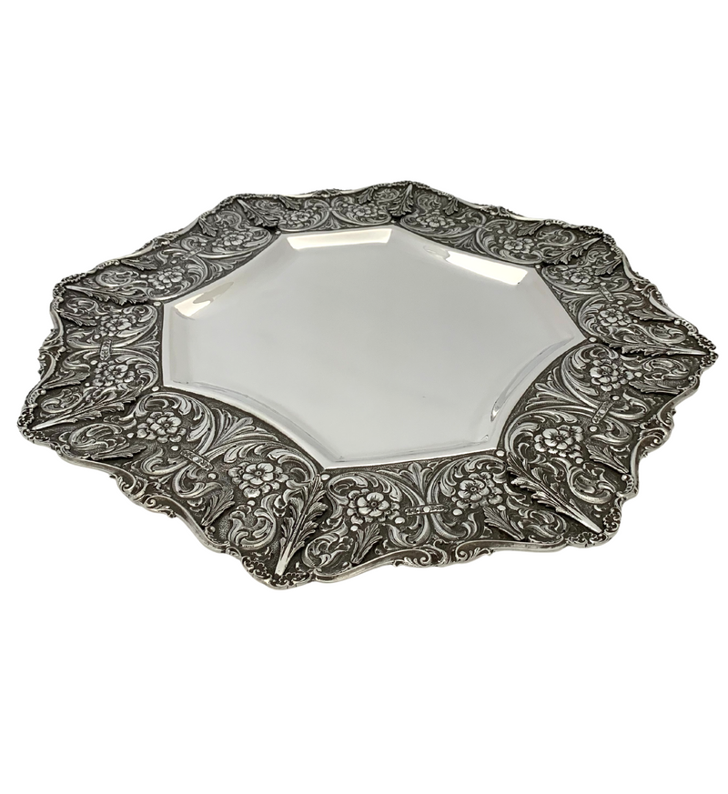 ITALIAN 925 STERLING SILVER HANDMADE LEAF & FLORAL ORNATE EMBOSSED HEXAGON TRAY